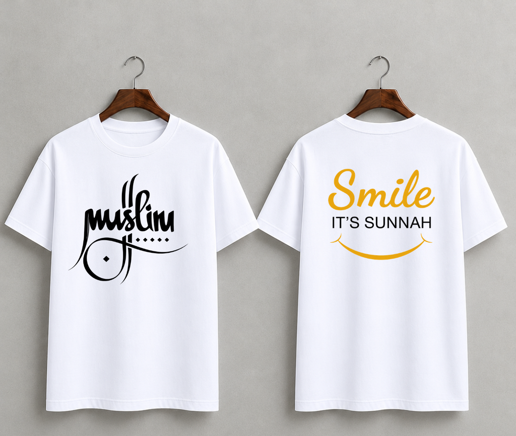 Deen Bazar Muslim Calligraphy T-Shirt | White Islamic Graphic Tee with Smile It’s Sunnah Back Print