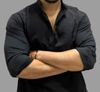 Men’s Black Mandarin Collar Shirt – Stylish Regular Fit Casual Shirt