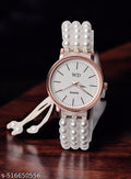 Deen Bazar Women's White Beaded Bracelet Analog Watch with Additional Strap