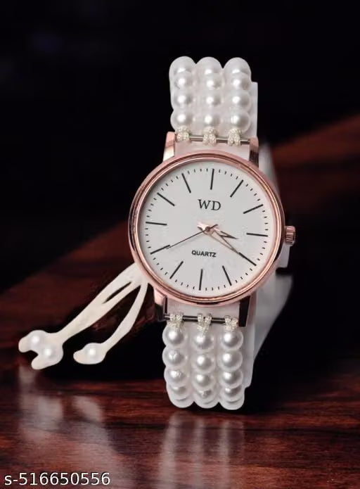Deen Bazar Women's White Beaded Bracelet Analog Watch with Additional Strap