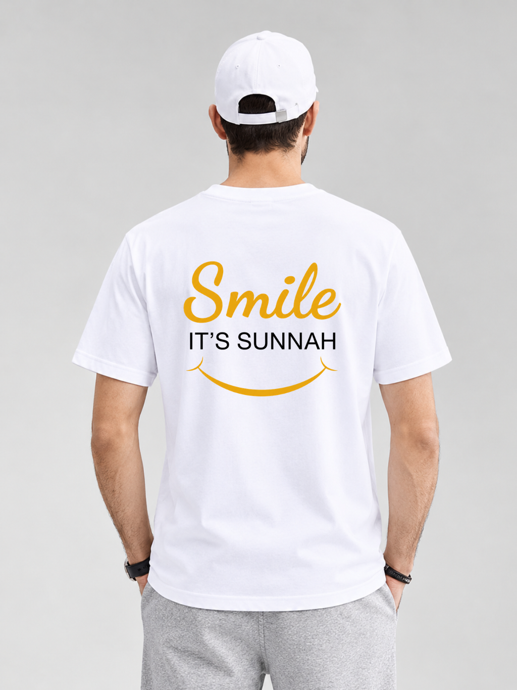 Deen Bazar Muslim Calligraphy T-Shirt | White Islamic Graphic Tee with Smile It’s Sunnah Back Print
