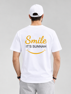 Deen Bazar Muslim Calligraphy T-Shirt | White Islamic Graphic Tee with Smile It’s Sunnah Back Print