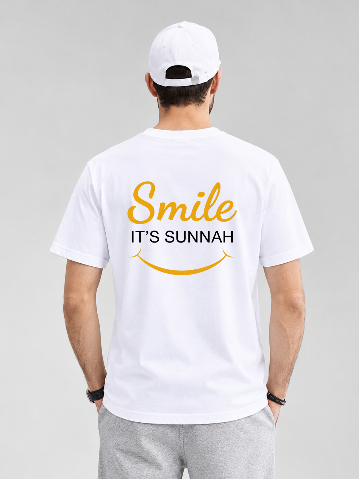 Deen Bazar Muslim Calligraphy T-Shirt | White Islamic Graphic Tee with Smile It’s Sunnah Back Print