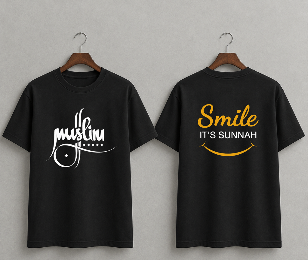 Deen Bazar Muslim Calligraphy T-Shirt | White Islamic Graphic Tee with Smile It’s Sunnah Back Print