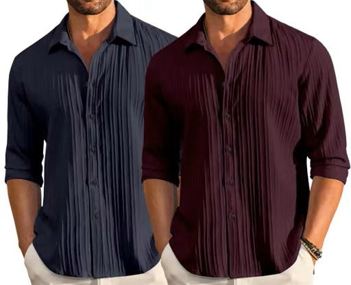 Coofandy Men’s Navy Blue Self-Design Shirt – Textured Regular Fit Casual Shirt (Pack of 2)