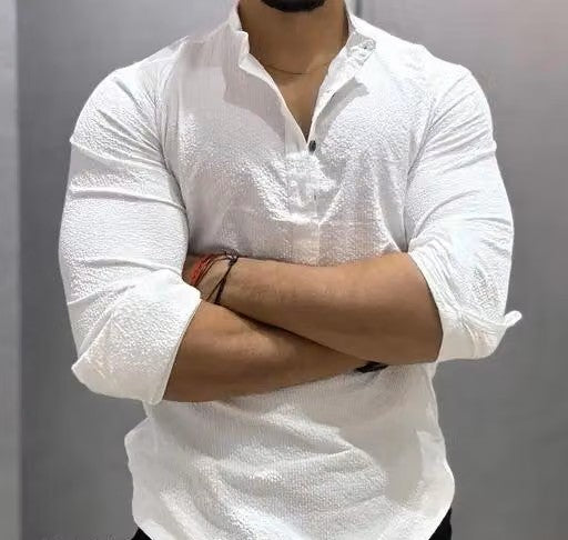 Men’s White Mandarin Collar Shirt – Stylish Regular Fit Casual Shirt