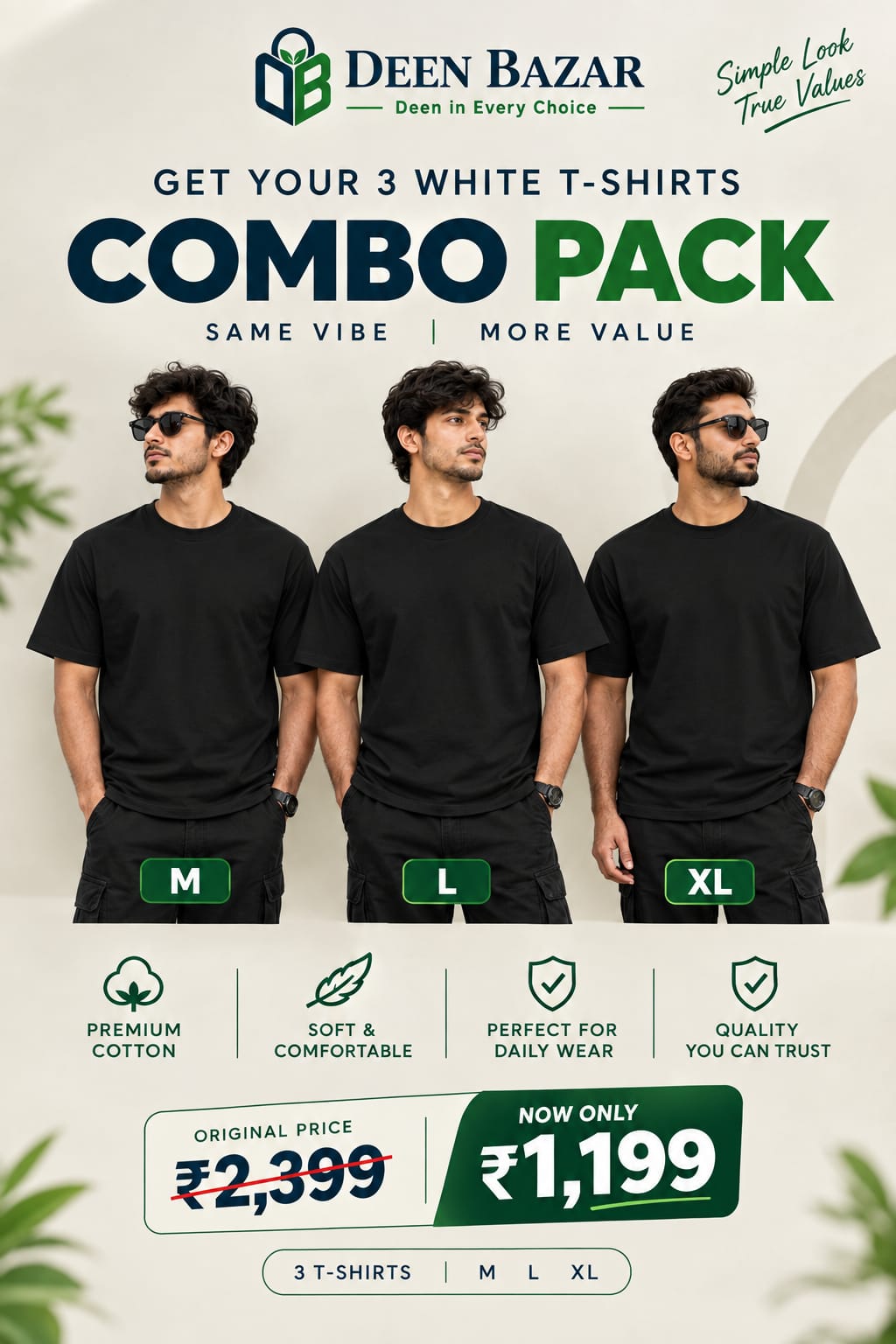 Deen Bazar 3-Pack T-Shirt Combo | White & Black | 100% Cotton | 180 GSM