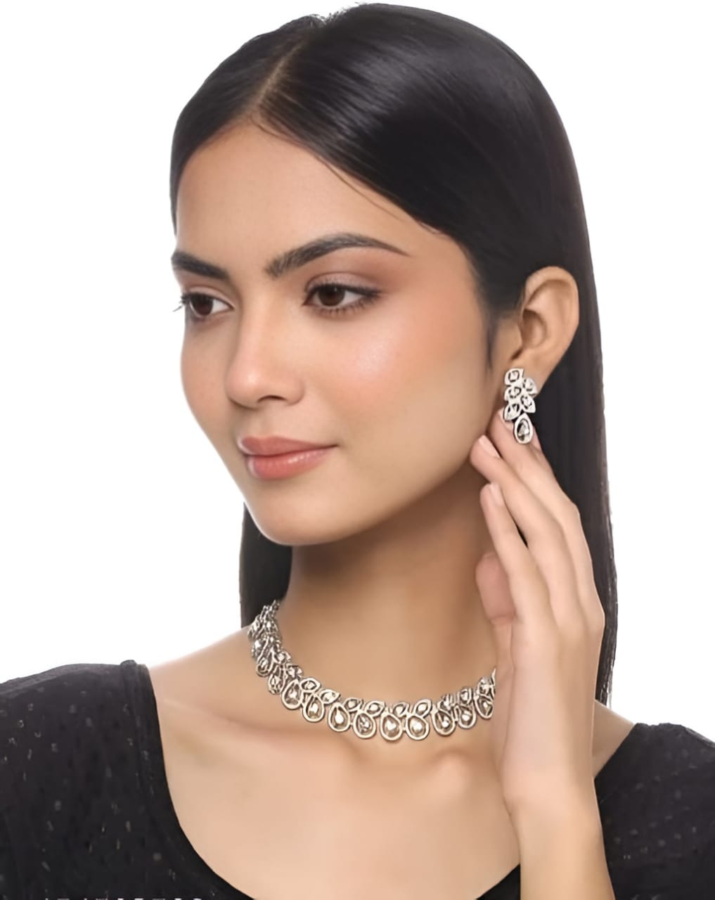 Deen Bazar Women's White Cubic Zirconia Silver Plated Necklace and Earrings Set
