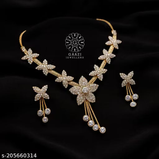 Deen Bazar Women's Minimal Brass Necklace with Earrings Jewellery Set