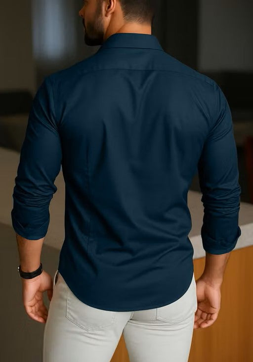 Men’s Blue Solid Shirt – Regular Fit Long Sleeve Formal Shirt