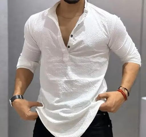 Men’s White Mandarin Collar Shirt – Stylish Regular Fit Casual Shirt
