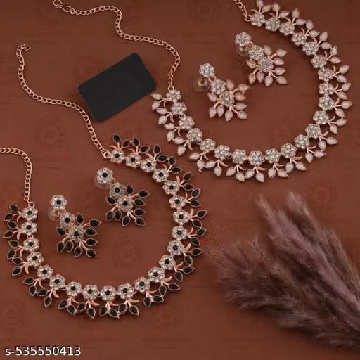 Deen Bazar Women's Pearl Work Alloy Necklace and Earrings Jewellery Set