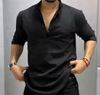 Men’s Black Mandarin Collar Shirt – Stylish Regular Fit Casual Shirt