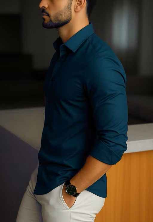 Men’s Blue Solid Shirt – Regular Fit Long Sleeve Formal Shirt