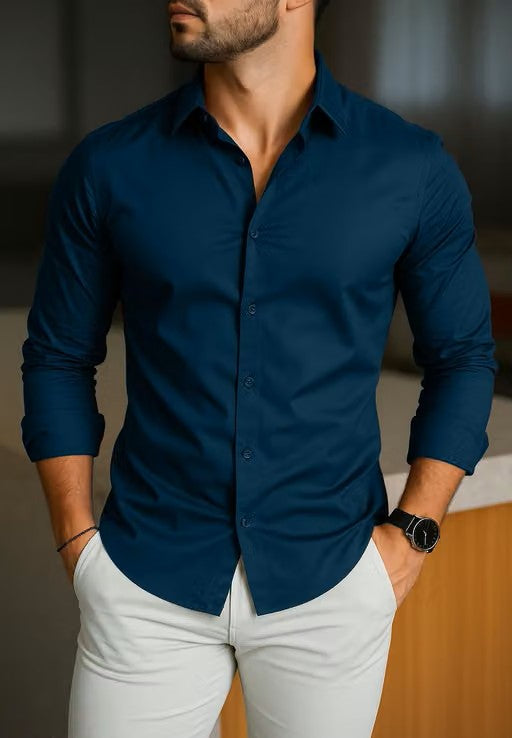 Men’s Blue Solid Shirt – Regular Fit Long Sleeve Formal Shirt