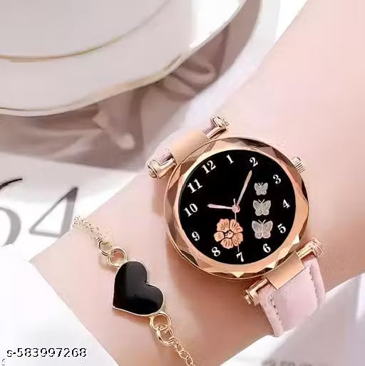 Deen Bazar Women's Black Floral Dial Analog Watch with Pink Leather Strap