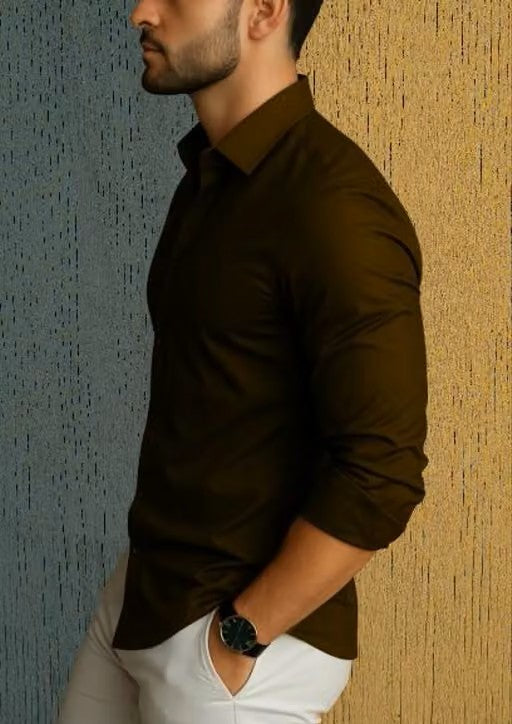 Men’s Brown Solid Shirt – Regular Fit Long Sleeve Formal Shirt