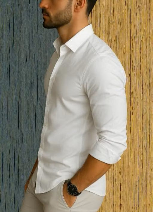 Men’s White Solid Shirt – Regular Fit Long Sleeve Formal Shirt