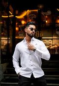 Men’s White Waffle Texture Shirt – Regular Fit Long Sleeve Casual Shirt