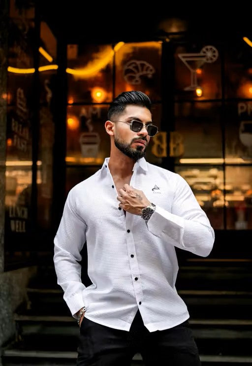 Men’s White Waffle Texture Shirt – Regular Fit Long Sleeve Casual Shirt