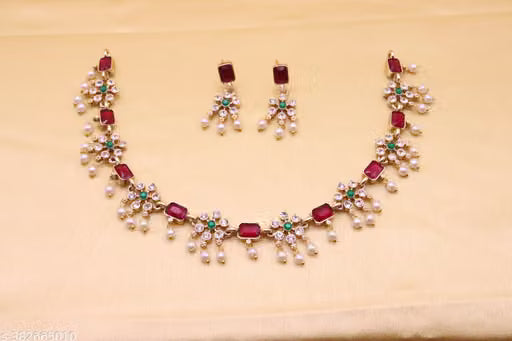 Deen Bazar Women's Pearl Work Alloy Necklace and Earrings Jewellery Set