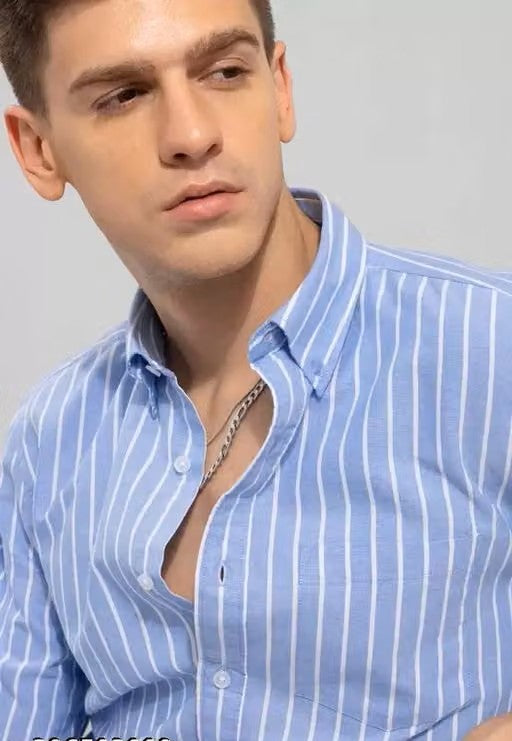 Men’s Blue Striped Shirt – Regular Fit Long Sleeve Casual Shirt