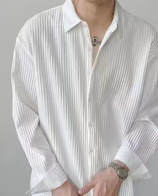 Men’s White Self-Design Shirt – Regular Fit Long Sleeve Casual Shirt