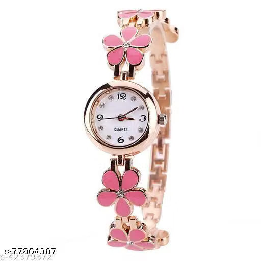 Deen Bazar Women's Multicolor Analog Watch with White Round Dial and Pink Metal Bracelet