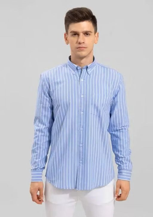 Men’s Blue Striped Shirt – Regular Fit Long Sleeve Casual Shirt