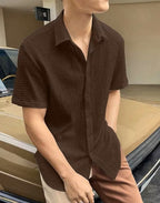 Men’s Brown Popcorn Textured Shirt – Short Sleeve Cutaway Collar Casual Shirt