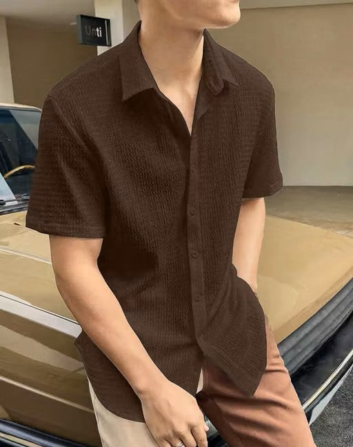 Men’s Brown Popcorn Textured Shirt – Short Sleeve Cutaway Collar Casual Shirt