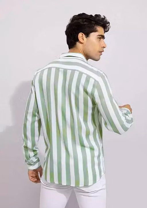 Men’s Green Striped Retro Shirt – Regular Fit Long Sleeve Casual Shirt