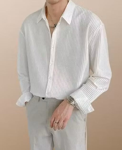 Men’s White Self-Design Shirt – Regular Fit Long Sleeve Casual Shirt