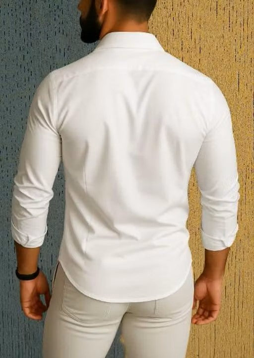 Men’s White Solid Shirt – Regular Fit Long Sleeve Formal Shirt