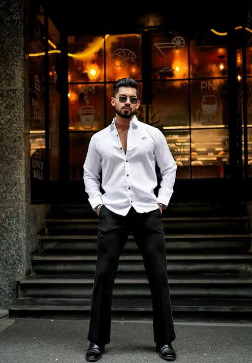 Men’s White Waffle Texture Shirt – Regular Fit Long Sleeve Casual Shirt