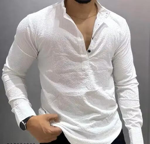 Men’s White Mandarin Collar Shirt – Stylish Regular Fit Casual Shirt