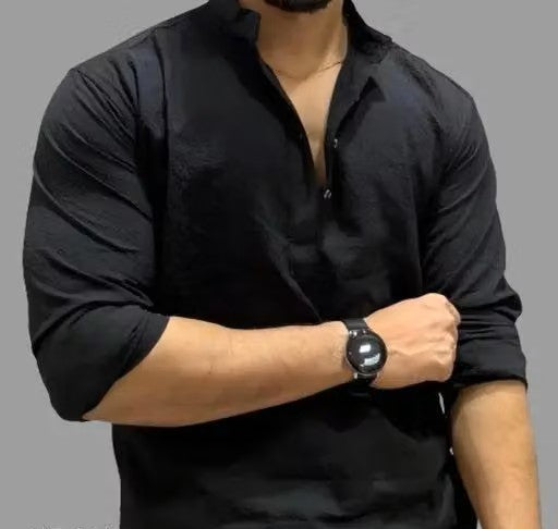 Men’s Black Mandarin Collar Shirt – Stylish Regular Fit Casual Shirt