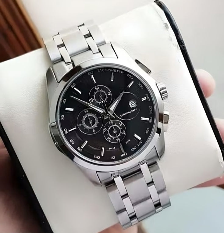 Deen Bazar Men's Black Dial Silver Chain Watch with Date Display