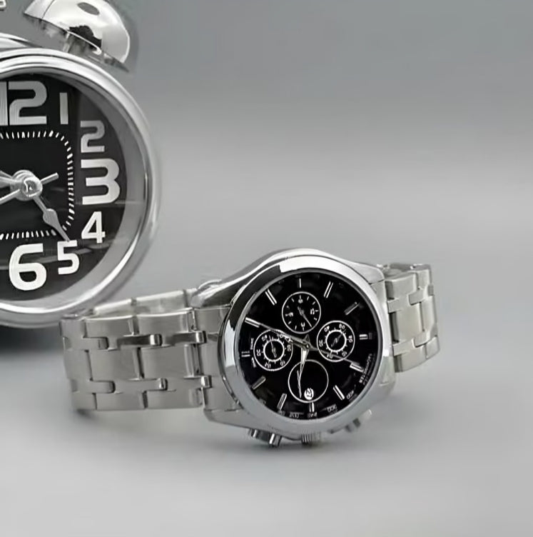 Deen Bazar Men's Black Dial Silver Chain Watch with Date Display