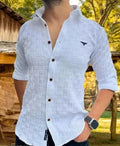 Men’s White Checked Shirt – Regular Fit Long Sleeve Casual Shirt