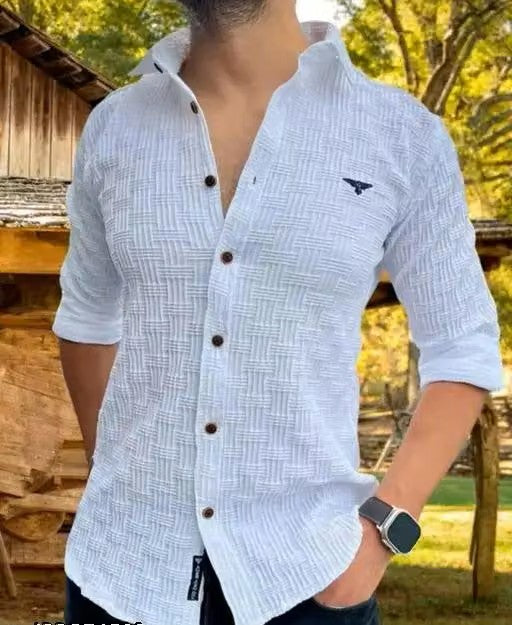 Men’s White Checked Shirt – Regular Fit Long Sleeve Casual Shirt