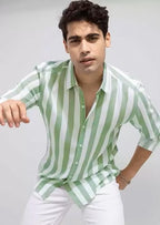 Men’s Green Striped Retro Shirt – Regular Fit Long Sleeve Casual Shirt