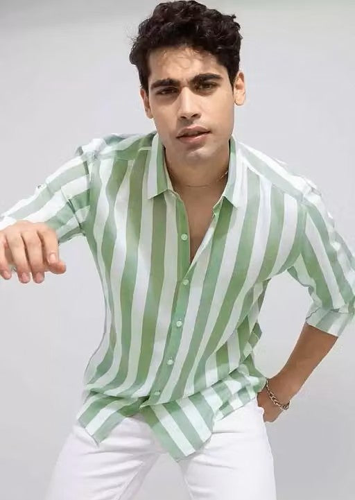 Men’s Green Striped Retro Shirt – Regular Fit Long Sleeve Casual Shirt