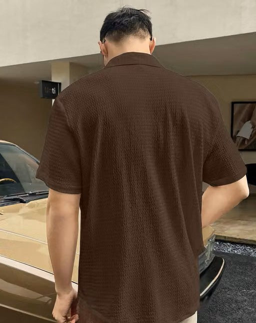 Men’s Brown Popcorn Textured Shirt – Short Sleeve Cutaway Collar Casual Shirt