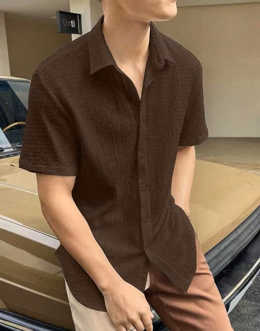 Men’s Brown Popcorn Textured Shirt – Short Sleeve Cutaway Collar Casual Shirt