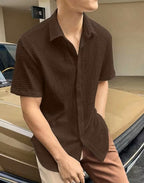 Men’s Brown Popcorn Textured Shirt – Short Sleeve Cutaway Collar Casual Shirt