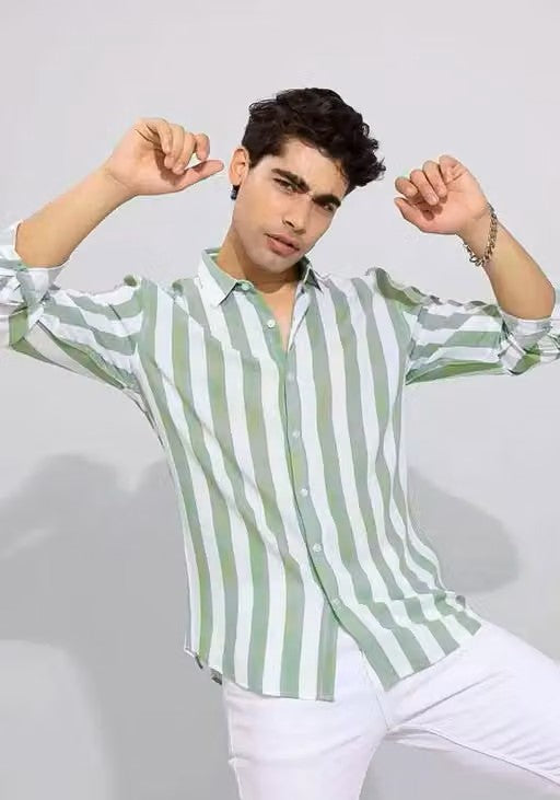 Men’s Green Striped Retro Shirt – Regular Fit Long Sleeve Casual Shirt
